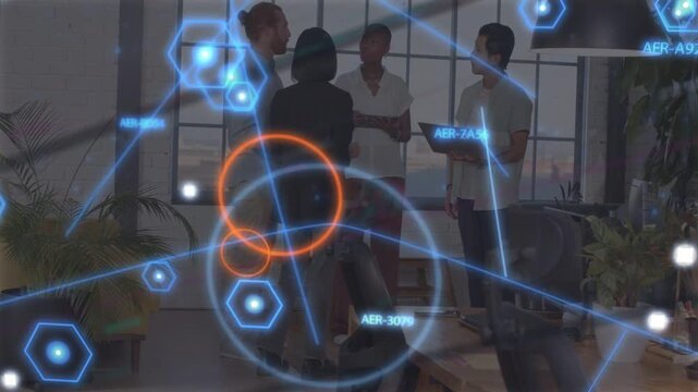 Team of four discussing tech by grid window, HUD rings sliding, masking and revealing tablet data