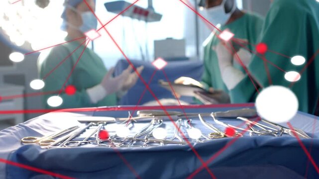 Sterile tray anchoring shot, red overlay appearing, camera pulling back as team preparing procedure