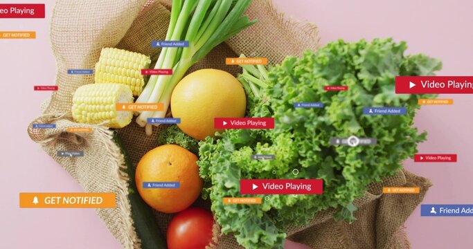 Showing burlap sack holding lettuce, oranges, corn and tomato on pink backdrop, with digital badges