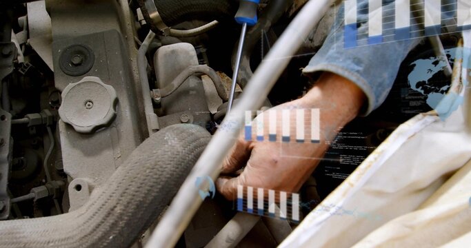 Working mechanic's arm turning bolt in engine bay with blue jacket, rag and infographic, copy space