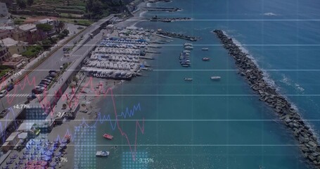 Fototapeta premium Showing harbor breakwater with moored boats and visitors in swimwear on beach, with overlay charts