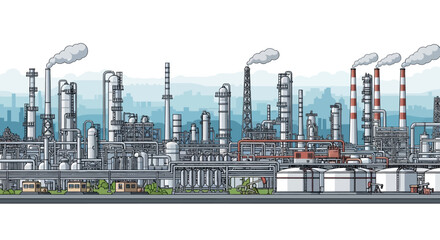 Fototapeta premium Detailed panoramic illustration of a modern industrial complex, featuring multiple smokestacks, storage tanks, and intricate piping, symbolizing energy production and refinery operations
