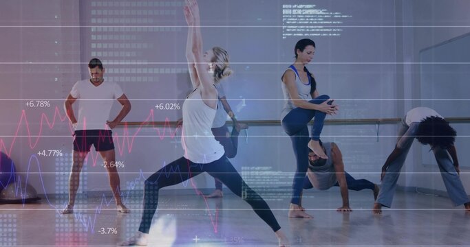 Stretching six adults performing yoga in studio, white tank lunging, floor, barre, mirror, overlays
