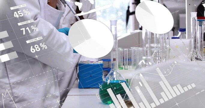 Pipetting tech handling pipette at lab bench, wearing white lab coat, blue gloves, HUD, copy space