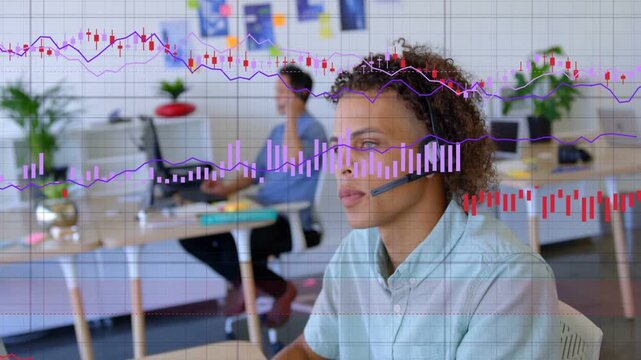 Call agent responding via headset as finance overlays rising with graphs, candlesticks, histograms