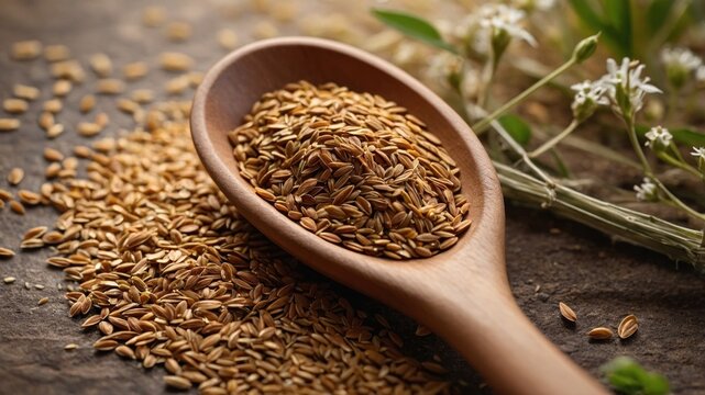 Close-up of brown cumin seeds in a wooden spoon surrounded by herbs and a rustic background