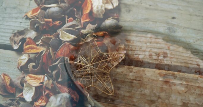 Showing dried potpourri petals, pods with metal star ornament on weathered plank, partial dish rim