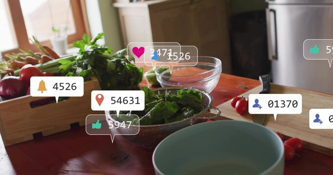 Displaying metal colander holding leafy greens on kitchen table by window, with UI overlays, crate