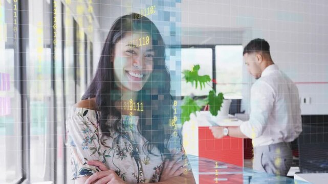 Woman smiling and standing arms crossed for business, camera holding, binary grid superimposing