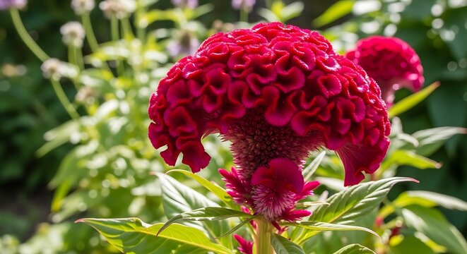 Vibrant red celosia flower in bloom with green foliage bokeh background