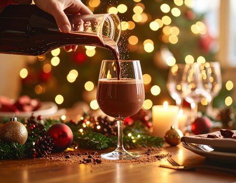Elegant festive scene with pou red wine into a glass on decorated table with Christmas decorations and blurred warm holiday lights in background