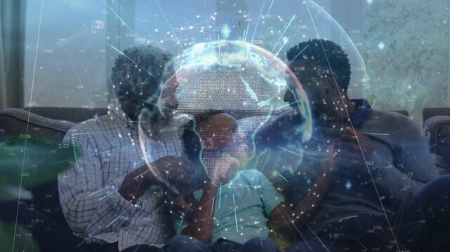 Trio gesturing, boy turning, right man activating phone, holo globe hovering, showing tech links