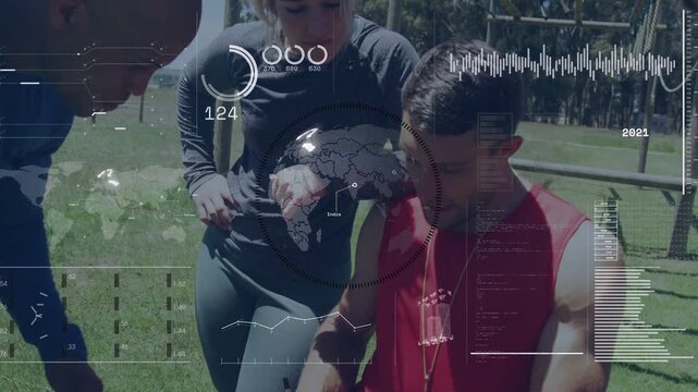 Seated man tapping tablet after peer pointing, peers reviewing fitness HUD maps updating