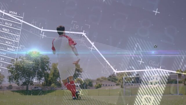 Player running to ball, kicking to goal, walking while analytics overlays tracking shot for scoring