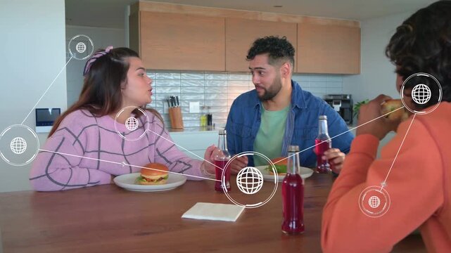 3 diners reaching drinks sharing sips fixing burger causing globe overlay linking food socially