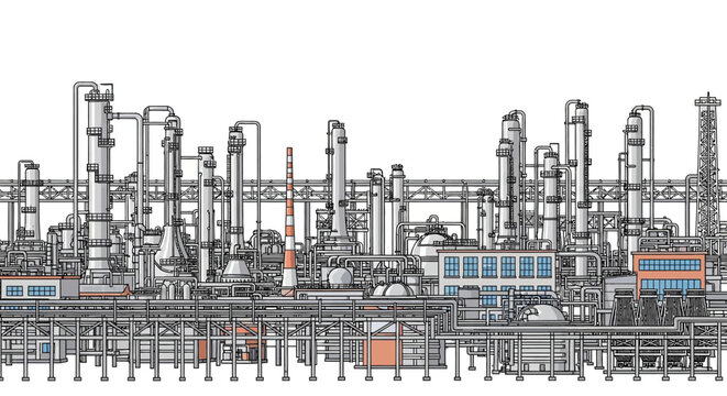 Detailed illustration of an expansive industrial complex featuring intricate pipework, towering distillation columns, and multiple processing units, showcasing a sophisticated manufacturing facility