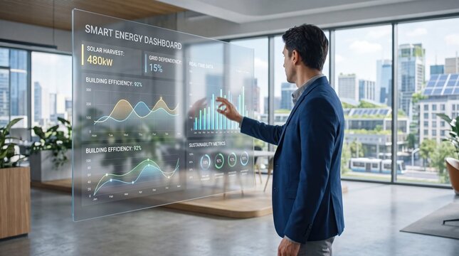 Businessman analyzing smart energy dashboard hologram, real-time sustainability metrics display, building efficiency monitoring system, solar harvest data visualization, corporate