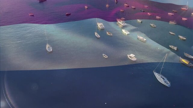 Sheer band entering left, rippling right over grouped boats and yachts, creating shifting light