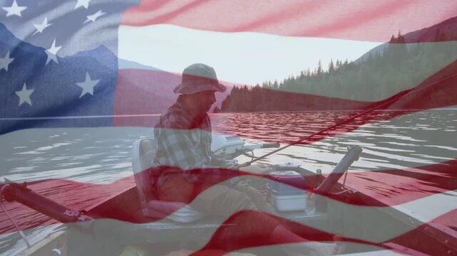 Angler raising hand preparing rod casting reeling for fishing on mt lake under US flag overlay