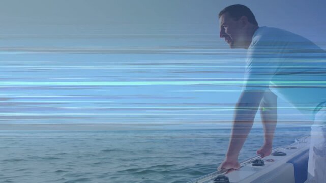 Boater steadying on rail, leaning and scanning horizon with persistent light streak overlay