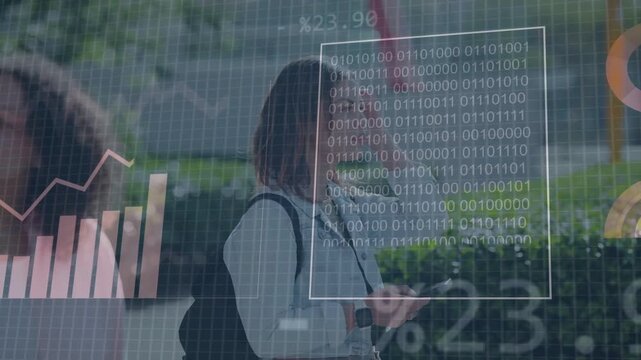 Woman with bag walking campus path while AR overlay appearing, phone tapping updating data charts