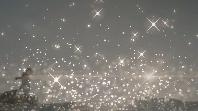 Woman stepping forward on rocky shore for wellness stretch, lifting arms while bokeh shifts