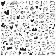 Naklejka premium Collection of hand drawn doodle shapes and icons including hearts stars clouds crowns and arrows in a simple sketchy black ink style