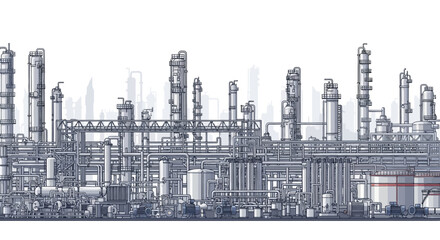 Obraz premium Industrial complex illustration depicting a chemical plant or oil refinery with pipes, towers, and tanks. Modern infrastructure for energy production