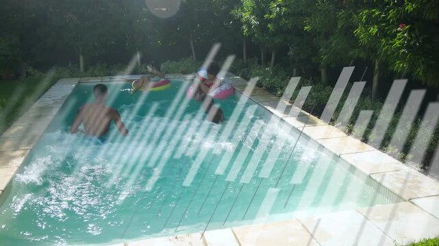 Two men running from pool edge and jumping into pool for leisure friends floating overlay sweeping