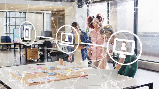 3 women tapping tablet, moving sticky notes in design, animated overlay linking notes for planning