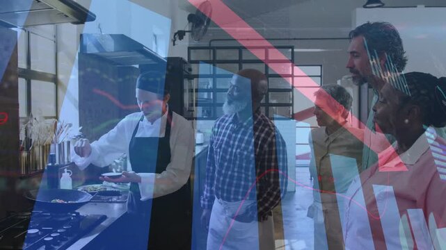 Chef reaching for bowl and seasoning pan, teaching cooking class with red arrow analytics overlays