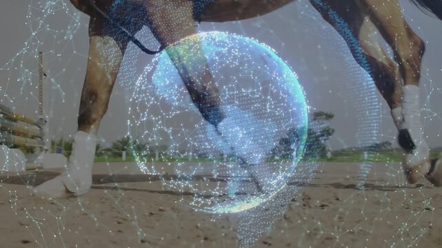 Male rider guiding bay horse across sports arena, entering, causing tech globe pulsing, training