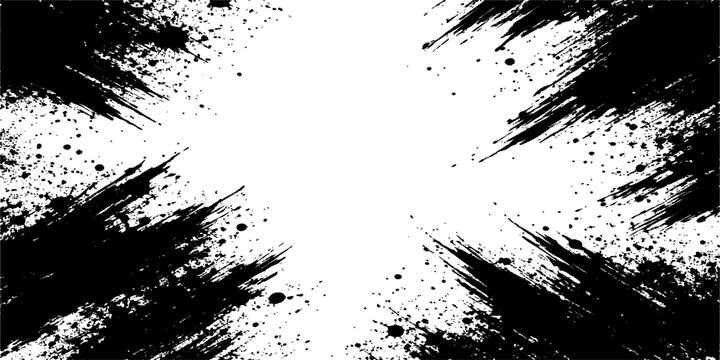 Abstract black ink splat illustration featuring a grunge paint splatter texture with a dirty spray pattern and liquid drip border element on a vector banner frame