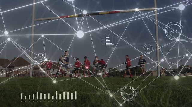 Male team advancing to goal posts as sports HUD appearing analyzing diving carrier attempting score