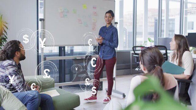 Presenter pointing sticky notes, clapping and generating multiplying currency symbols for finance