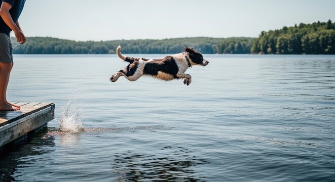 Dog Leaping into Lake from Dock on Sunny Day.