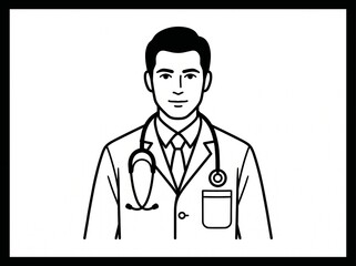 Fototapeta premium A black and white illustration of a doctor wearing a lab coat and tie, with a stethoscope around their neck. Vector isolated on white