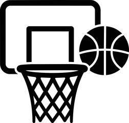 Basketball hoop icon in black minimalist style with ball, backboard, and net, isolated on white background. Suitable for basketball, sport, fitness, and tournament designs. © Flower_Ranger