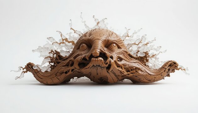 Grotesque brown sculpted face creature with swirling textures and clear icy splashes implying mysterious liquid motion animation.