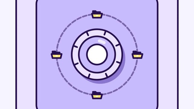 Digital data security concept with revolving folder icons around a central lock mechanism