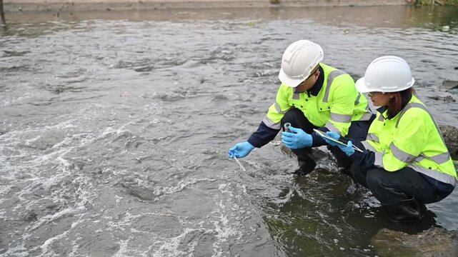 Expert inspectors are checking the water quality of water flowing from pipes into the natural river.