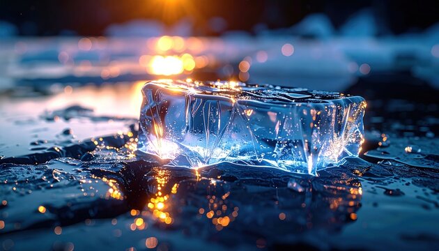 Illuminated ice block on icy water reflecting sunlight, warm hues