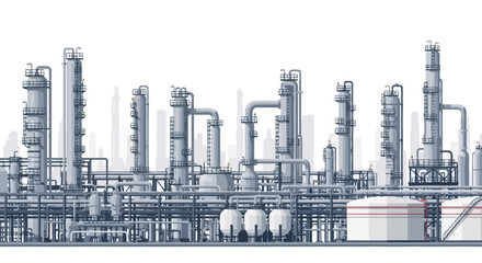 Obraz premium Detailed illustration of a large industrial refinery or chemical plant with numerous pipes, tanks, and smokestacks emitting smoke.