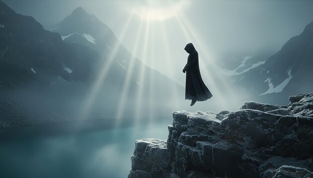 Mysterious Cloaked Figure Levitating on Rocky Cliff Over Mountain Lake with Divine Light Rays