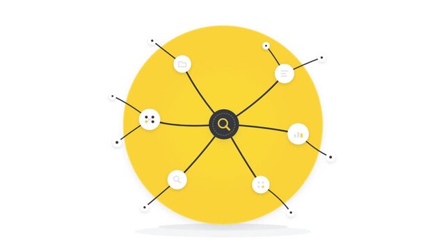 Search engine optimization and data analytics concept with interconnected digital icons on yellow background