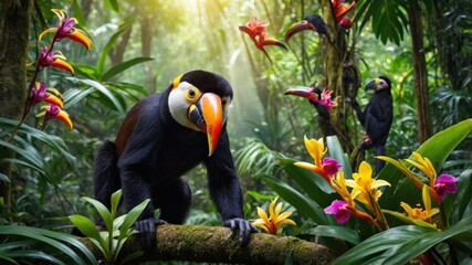 Fototapeta premium Colorful toucan perched on a branch in a vibrant tropical rainforest surrounded by blooming orchids