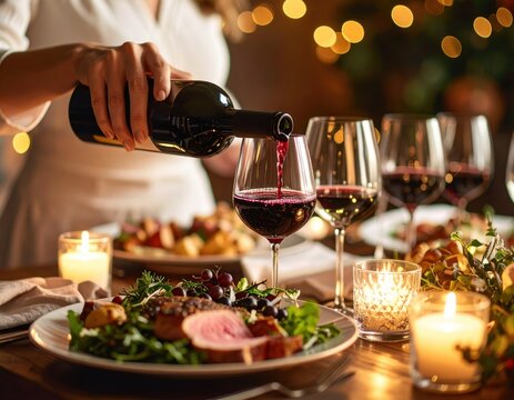 Elegant dinner celebration with wine pou over gourmet dishes and romantic ambient lighting featu candles and a festive holiday setting