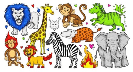 Naklejka premium Colorful Cartoon Animals with Playful Traits and Expressions