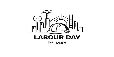 Fototapeta premium Labour Day 1st May Typography Made with Construction Tools Vector, Minimal Black Line Work Design, Worker Appreciation Concept