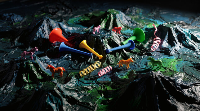 Toy Horses and Party Horns on Textured Green Landscape